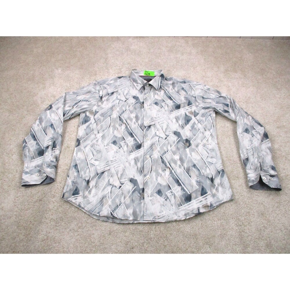 Bugatchi Uomo Shirt Mens XL Shaped Fit White Blue Print Cotton Casual Button Up